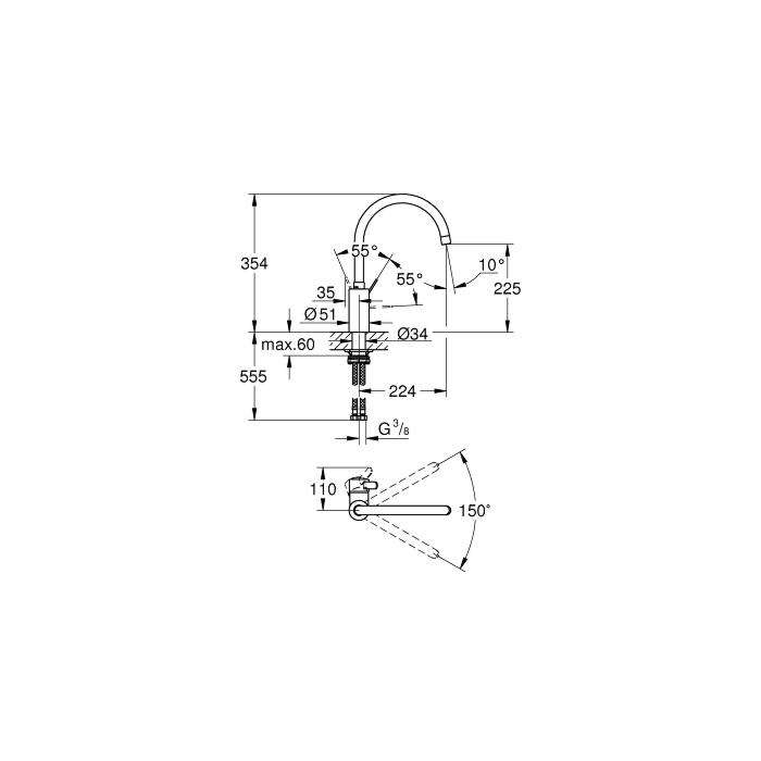 Grohe 32843DC2 Eurosmart Cosmopolitan Keukenmengkraan Hoge Uitloop Supersteel