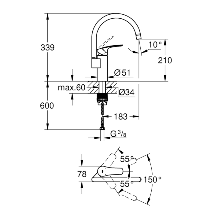 Grohe 33202003 Eurosmart Keukenmengkraan Hoge Uitloop Chroom