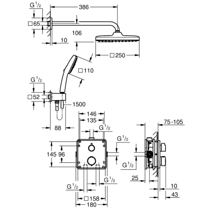 Grohe 348822430 Precision Thermostaat QuickFix Perfect shower set met Vitalio Comfort 250 Mat Zwart