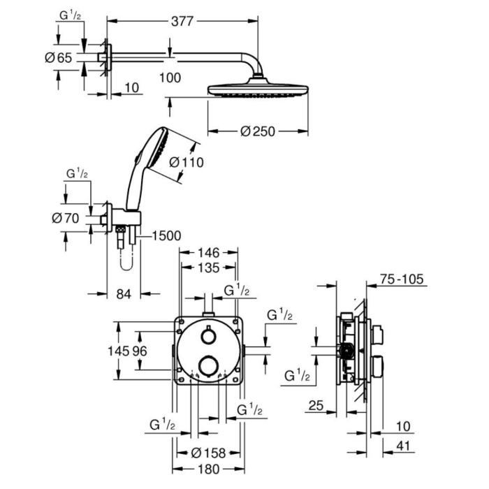Grohe 348832430 Precision Thermostaat QuickFix Perfect shower set met Vitalio Start 250 Mat Zwart