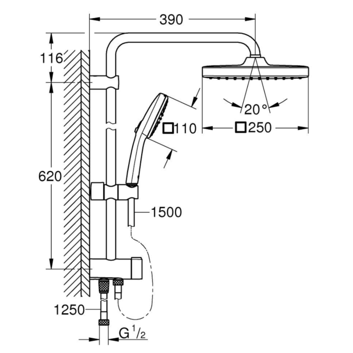Grohe 269882431 Vitalio Comfort 250 Flex QuickFix Douchesysteem met Omstelkraan voor Wandmontage Mat Zwart